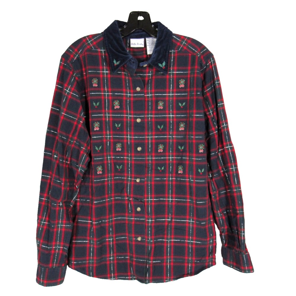 VTG BOBBIE BROOKS Red/Green Plaid WREATHS CHRISTMAS Button-Up TOP SHIRT Sz L